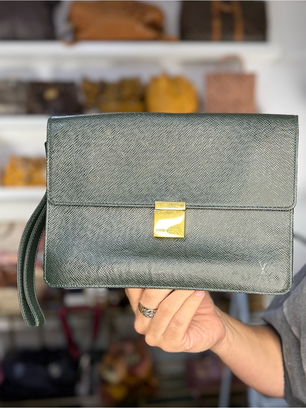 LV Green Taiga Leather Wristlet